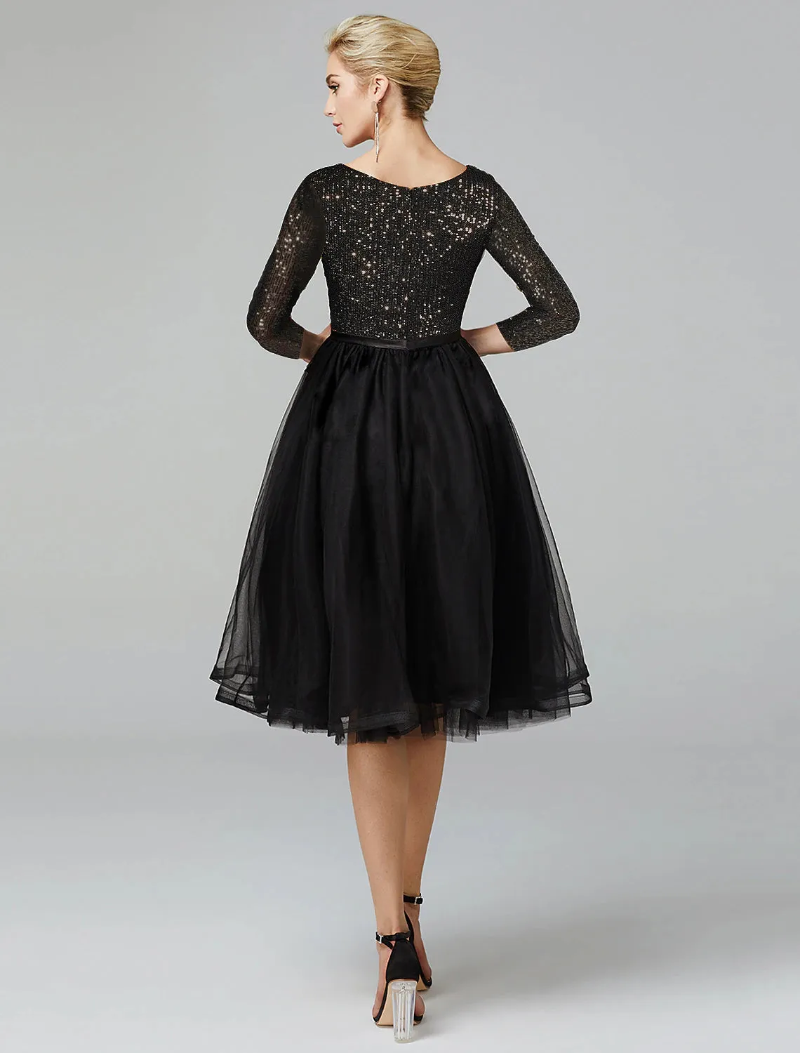 Luolandi A-Line Cocktail Dresses Sparkle & Shine Dress Formal Tea Length 3/4 Length Sleeve Jewel Neck Fall Wedding Guest Tulle with Sequin