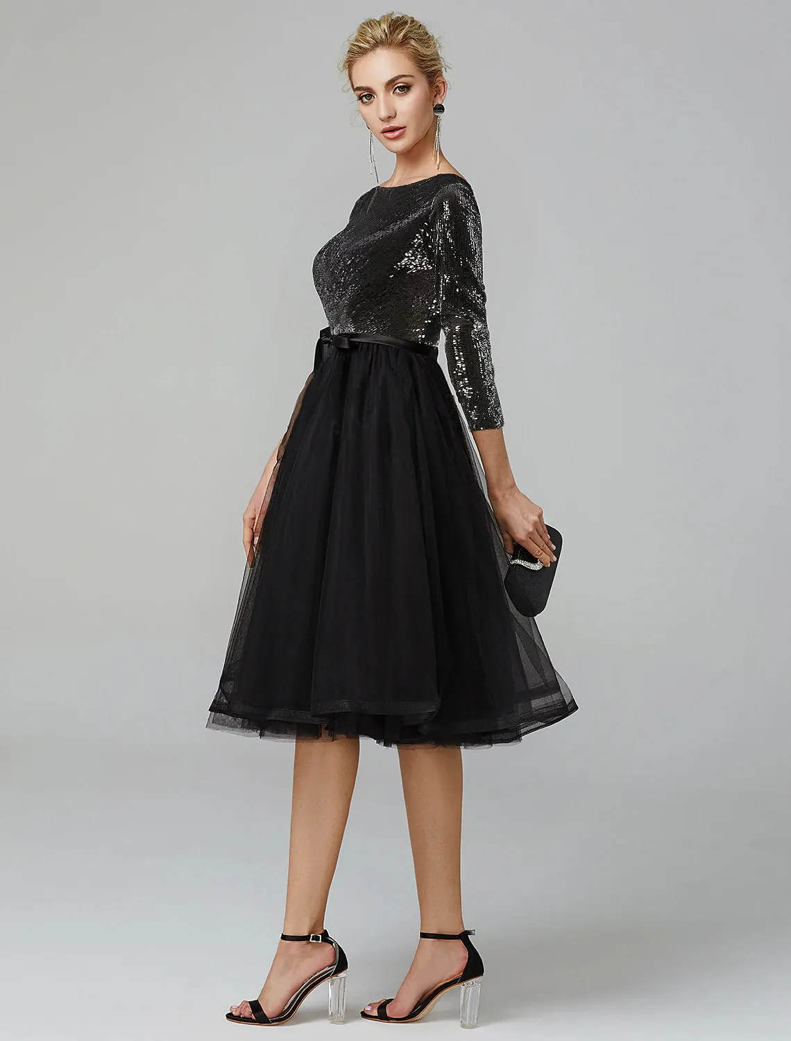 Luolandi A-Line Cocktail Dresses Sparkle & Shine Dress Formal Tea Length 3/4 Length Sleeve Jewel Neck Fall Wedding Guest Tulle with Sequin