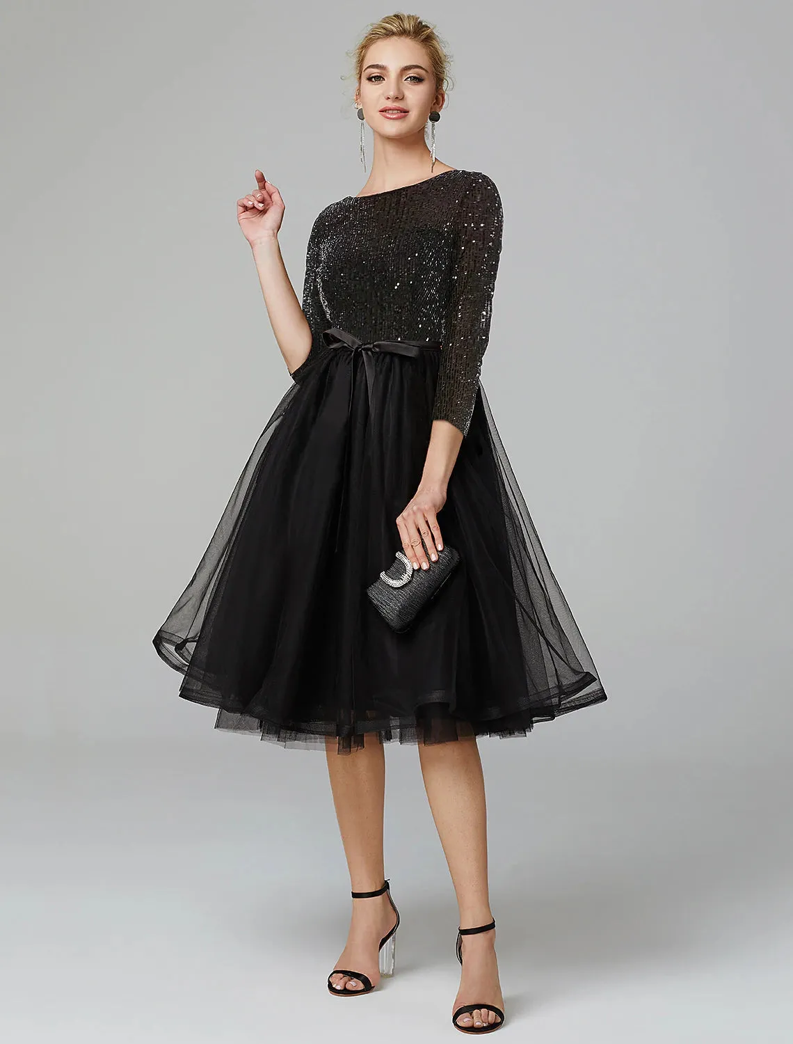 Luolandi A-Line Cocktail Dresses Sparkle & Shine Dress Formal Tea Length 3/4 Length Sleeve Jewel Neck Fall Wedding Guest Tulle with Sequin