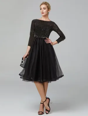 Luolandi A-Line Cocktail Dresses Sparkle & Shine Dress Formal Tea Length 3/4 Length Sleeve Jewel Neck Tulle with Sequin