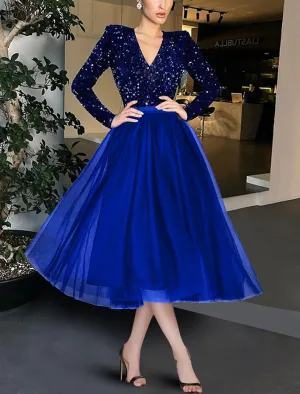 Luolandi Ball Gown A-Line Cocktail Dresses Sparkle & Shine Dress Evening Party Tea Length Long Sleeve Jewel Neck Tulle