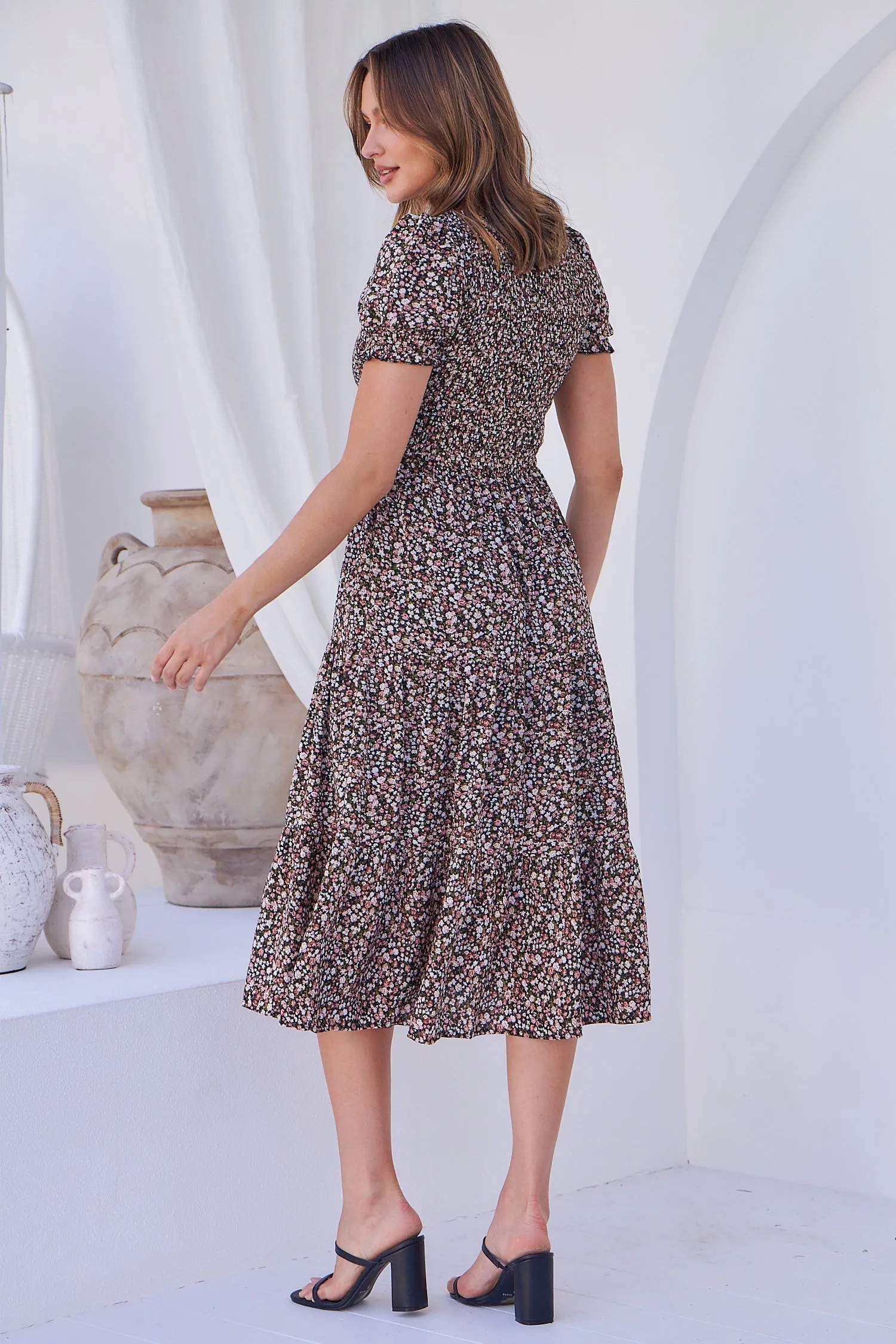 Maia Black Floral Print Shirred Tiered Dress