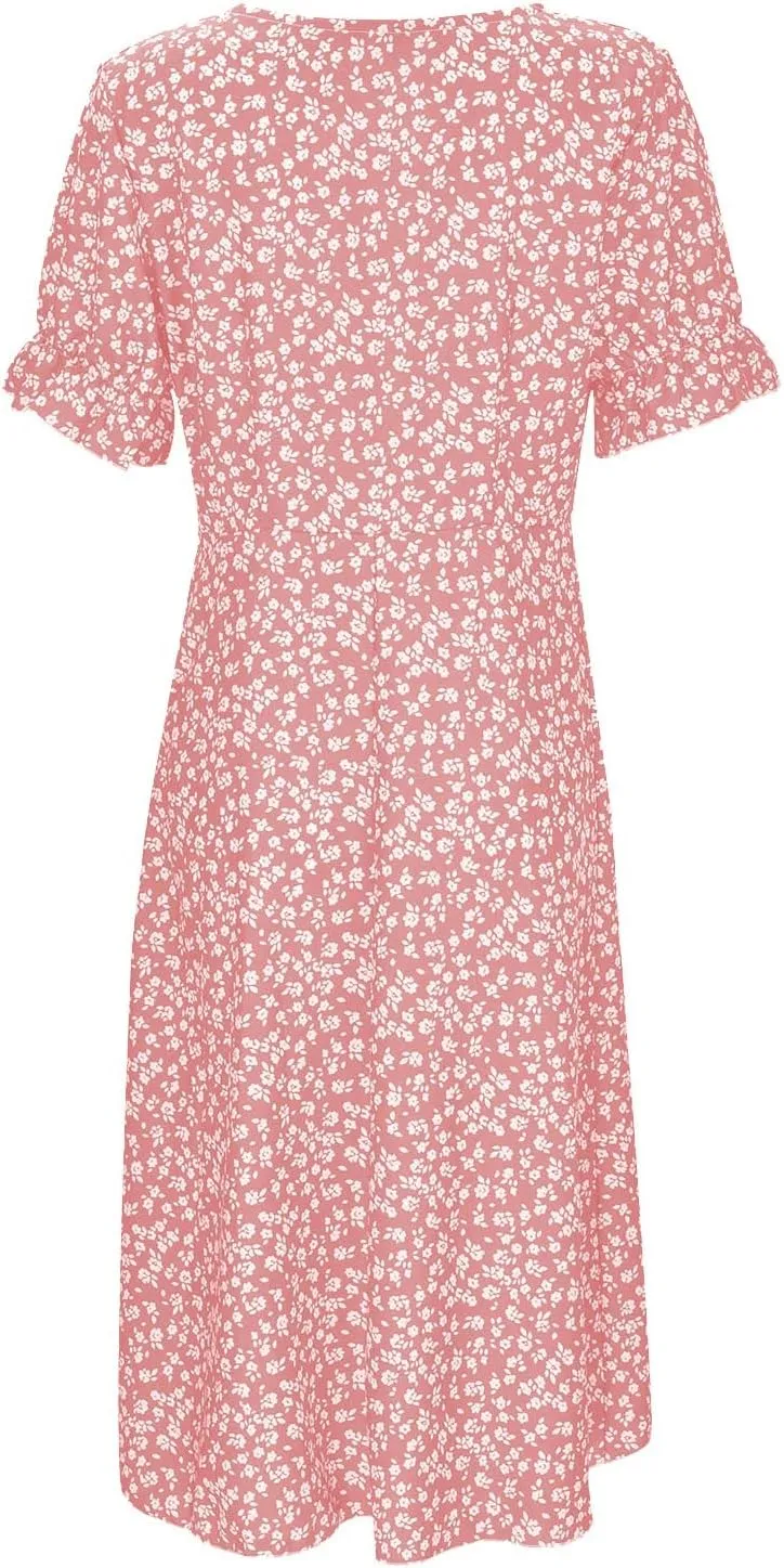 Maxi Dresses for Women 2024 Summer Vacation Short Sleeve V Neck Floral Print Elegant Long Dress Beach Sundress, Large