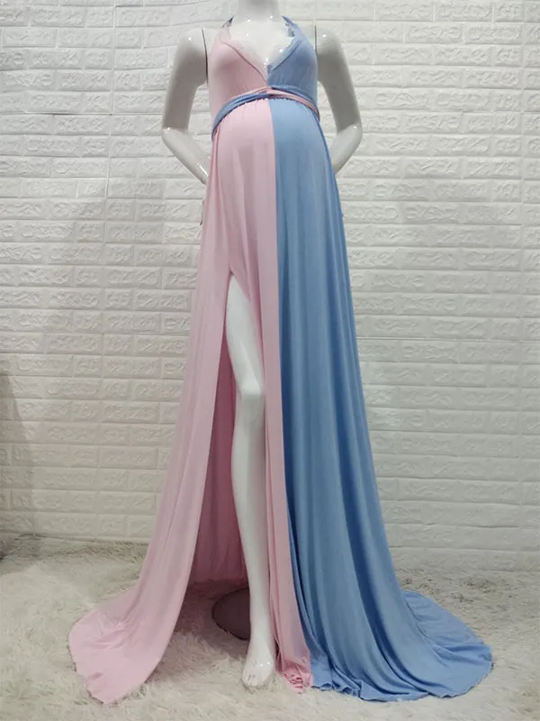 Momnfancy Pink-Blue Lace V-neck Cami Spaghetti Strap Slit Backless Gender Reveal Photoshoot Cute Maternity Photoshoot Maxi Dress
