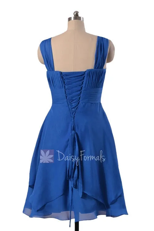 New Fashion Royal Blue Chiffon Bridesmaid Dress Knee Length Formal Dress W/Straps(BM912)