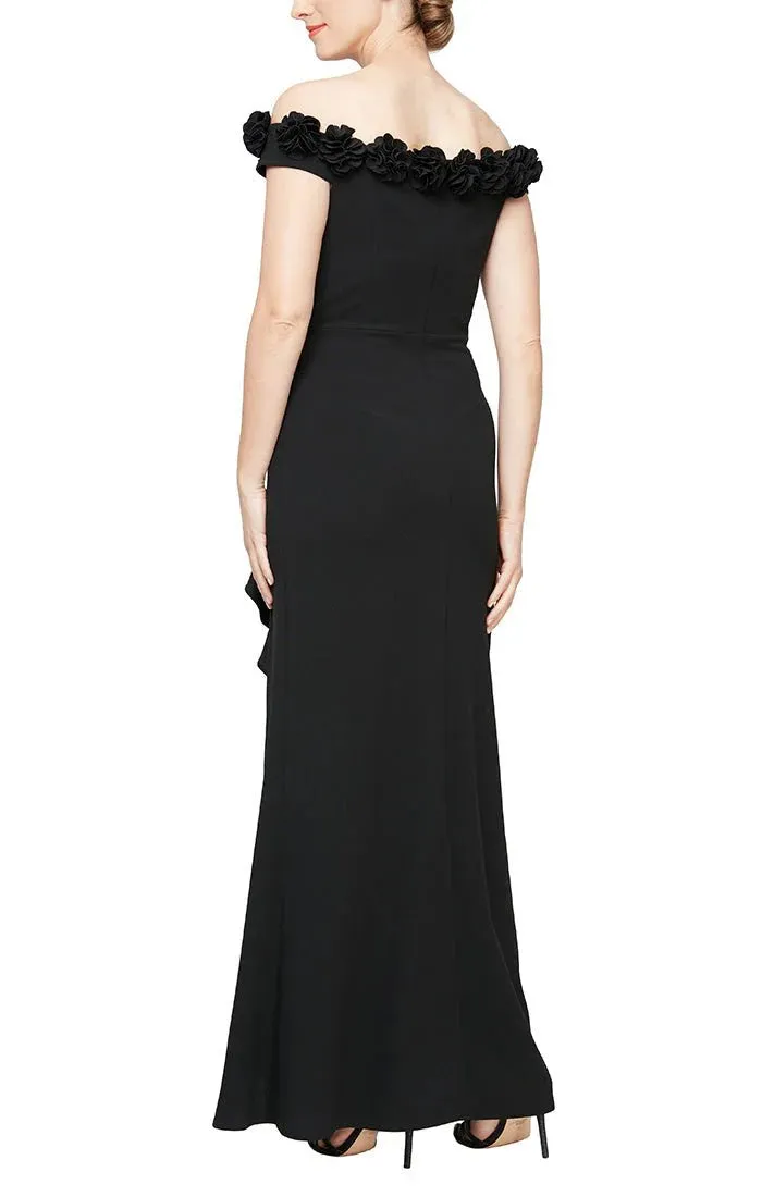 Off Shoulder Dress w 3D Flower Neckline | Black, Aubergine