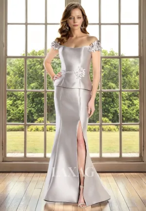 Off Shoulder Sleek Satin Elegant Mermaid Mother of the Bride Dress with Slit