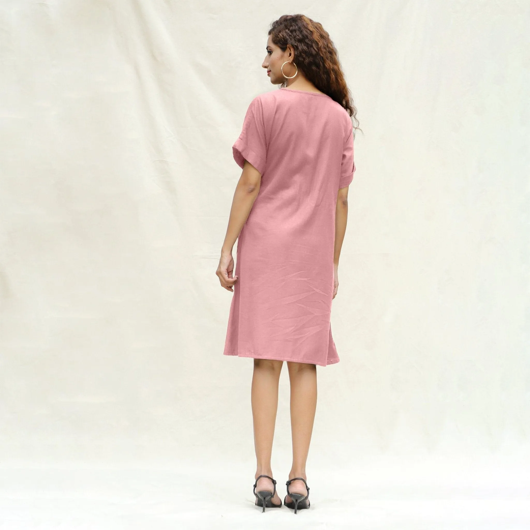 Pink Cotton Flax A-Line Knee Length Wrap Dress