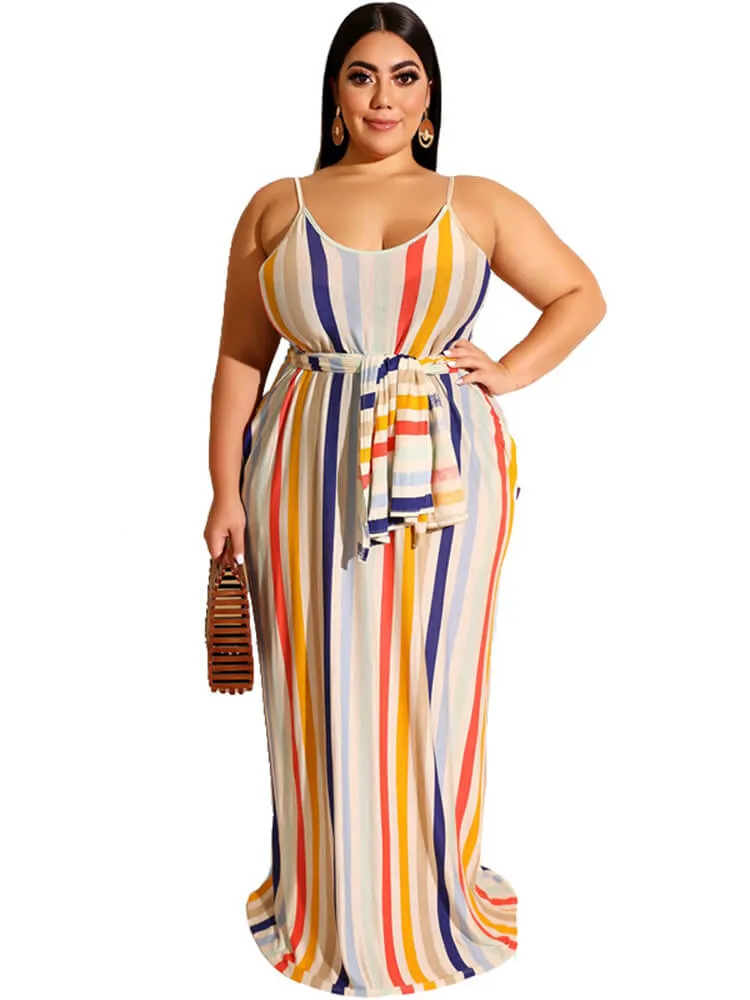 Plus Size Stripe Print Belt Sundress Maxi Dresses