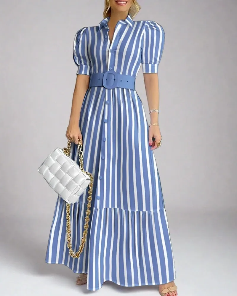 Puff Sleeve Stripe Shirt , Belt Dress