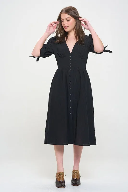 Puff Sleeve V-Neck Button Down Midi Dress