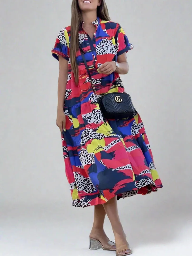Shirt Collar Print Swing Short Sleeve Long Skirt Ultra Loose Women Dress