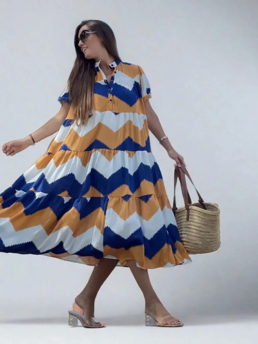 Shirt Collar Print Swing Short Sleeve Long Skirt Ultra Loose Women Dress