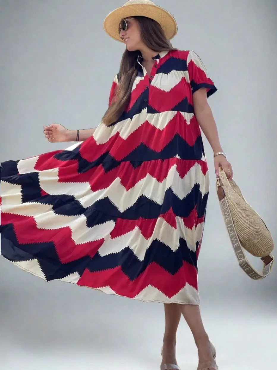 Shirt Collar Print Swing Short Sleeve Long Skirt Ultra Loose Women Dress