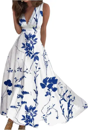 Sleeveless Dress Womens Fashion Maxi Loose V Neck Women's Outdoor Floral Print Weekend Line 2024 Swing Streetwear
