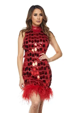 Sleeveless high neck dress with feather bottom - Red