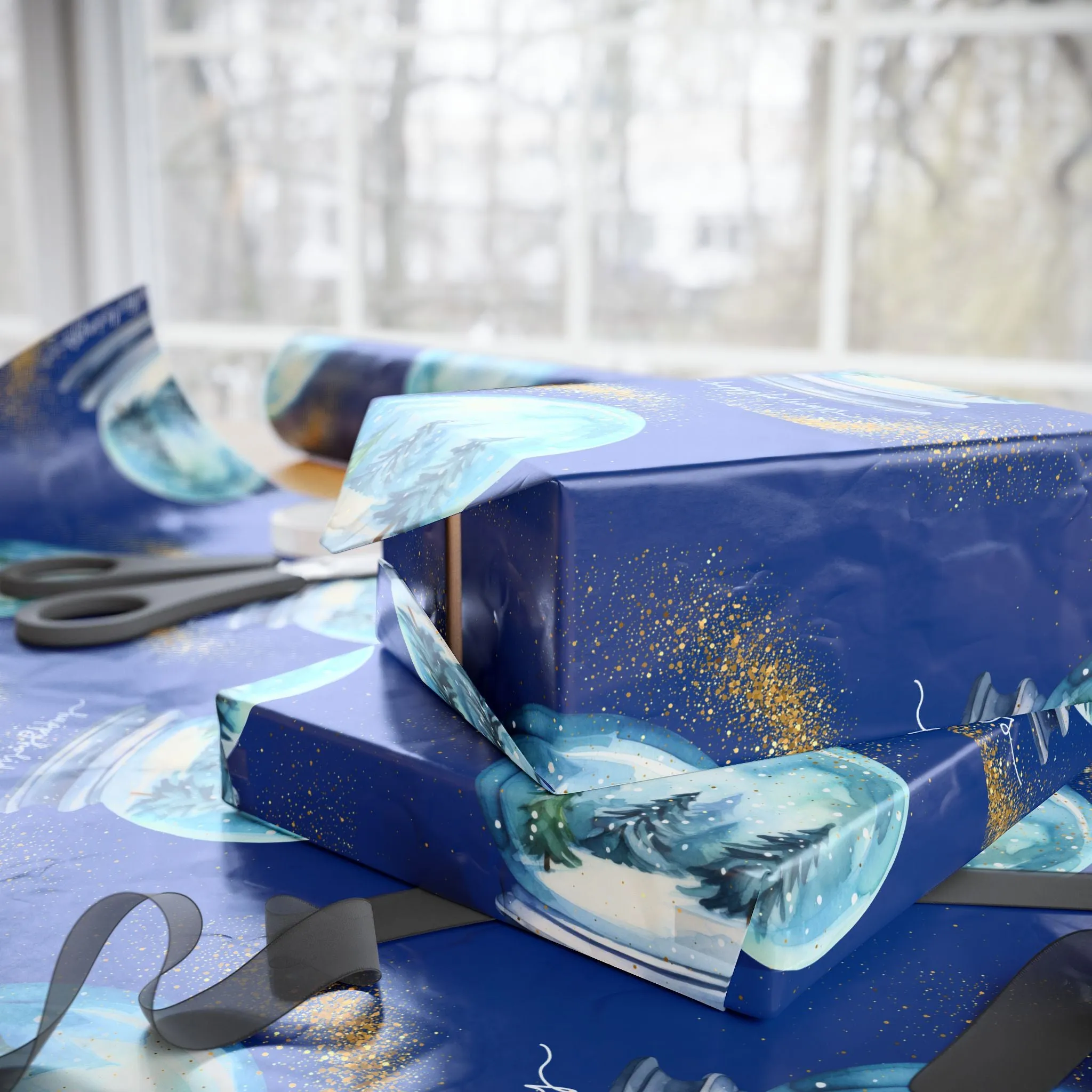 Snow Globe Holiday Wrapping Paper : Luxurious Blue Gift Wrap Festive Design, Matte or Glossy Finish, Perfect for Christmas and Holiday Gifts