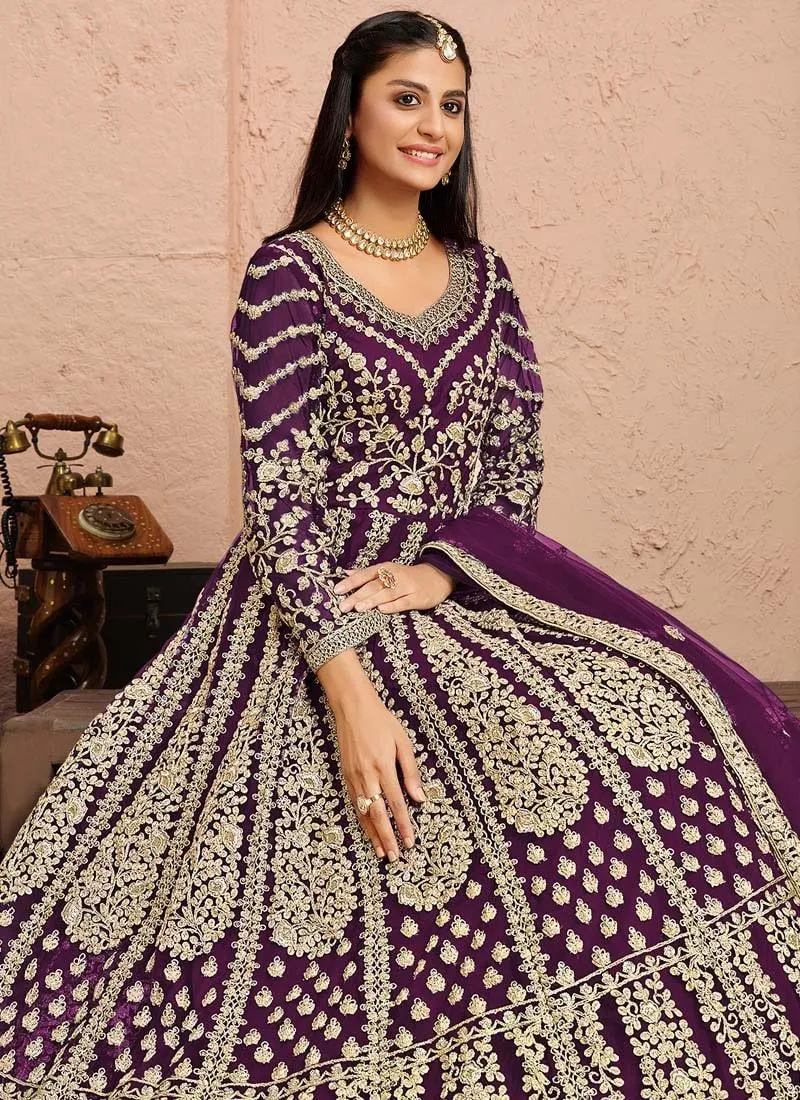 Soft Net Fabric Purple Color Zari Work Fabulous Designer Gown