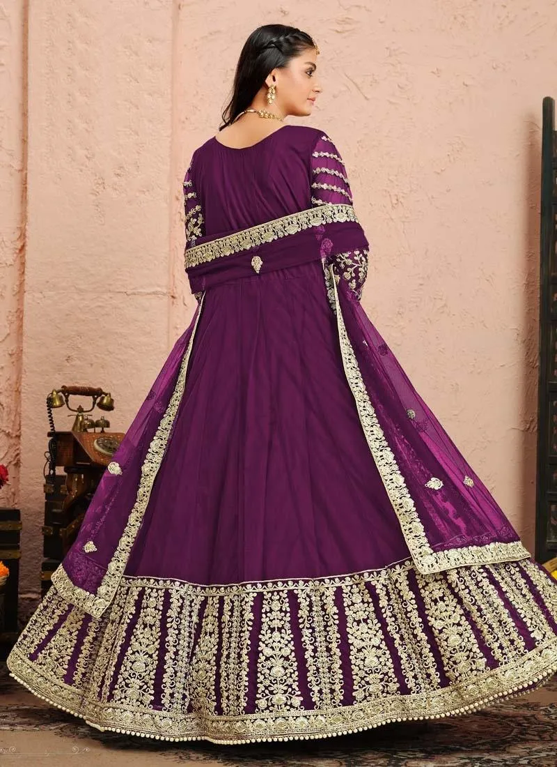 Soft Net Fabric Purple Color Zari Work Fabulous Designer Gown