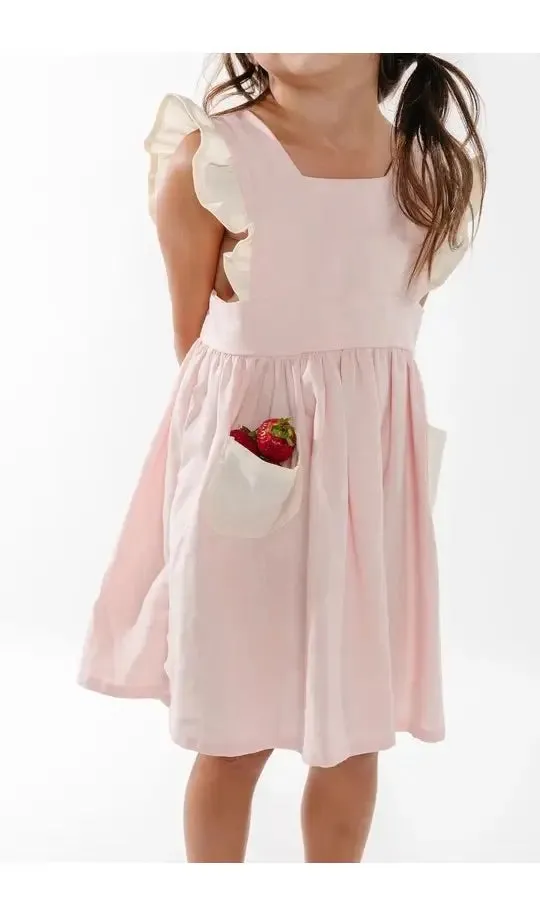 Strawberries & Cream Linen Pinafore Dress in Strawberry and Cream