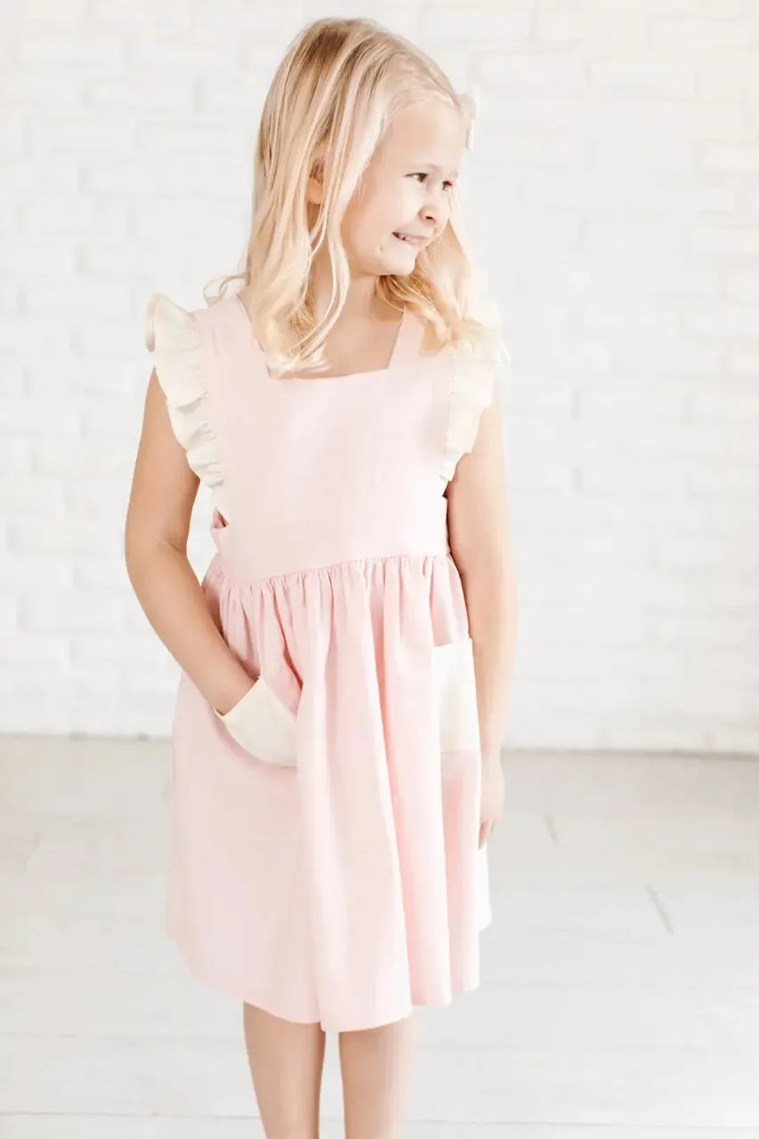 Strawberries & Cream Linen Pinafore Dress in Strawberry and Cream