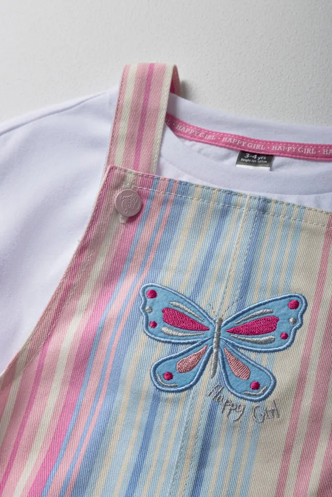 Stripe Pinafore With Frill Short Sleeve T-Shirt Pink