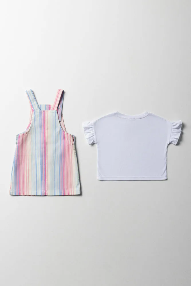 Stripe Pinafore With Frill Short Sleeve T-Shirt Pink