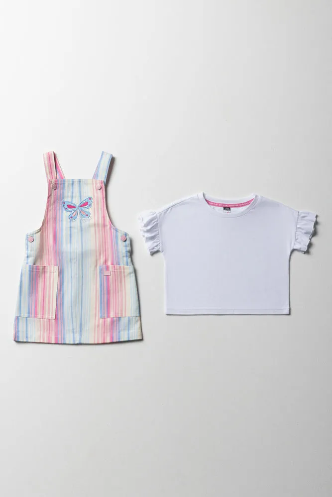 Stripe Pinafore With Frill Short Sleeve T-Shirt Pink