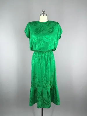 Vintage 1980s Day Dress / Shamrock Green Silk