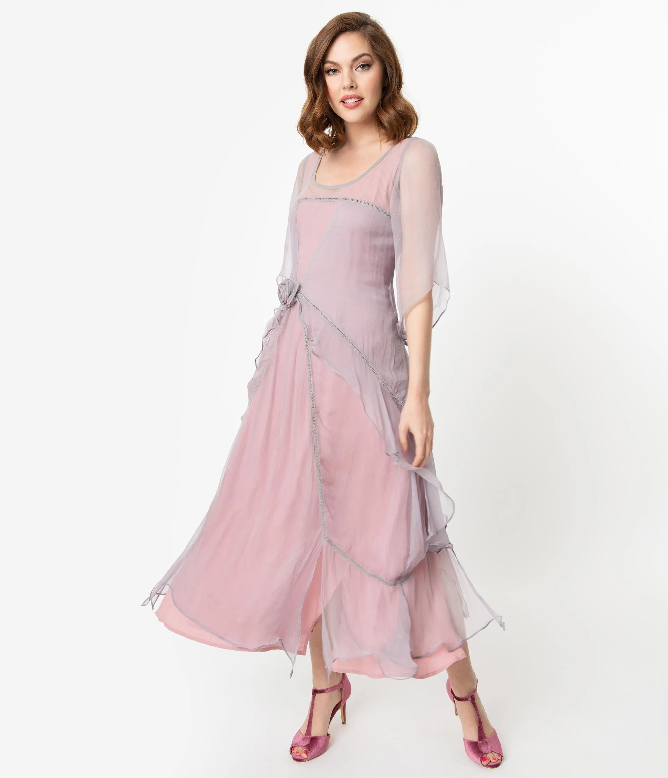 Vintage Style Mauve & Pink Chiffon Sleeved Edwardian Dress