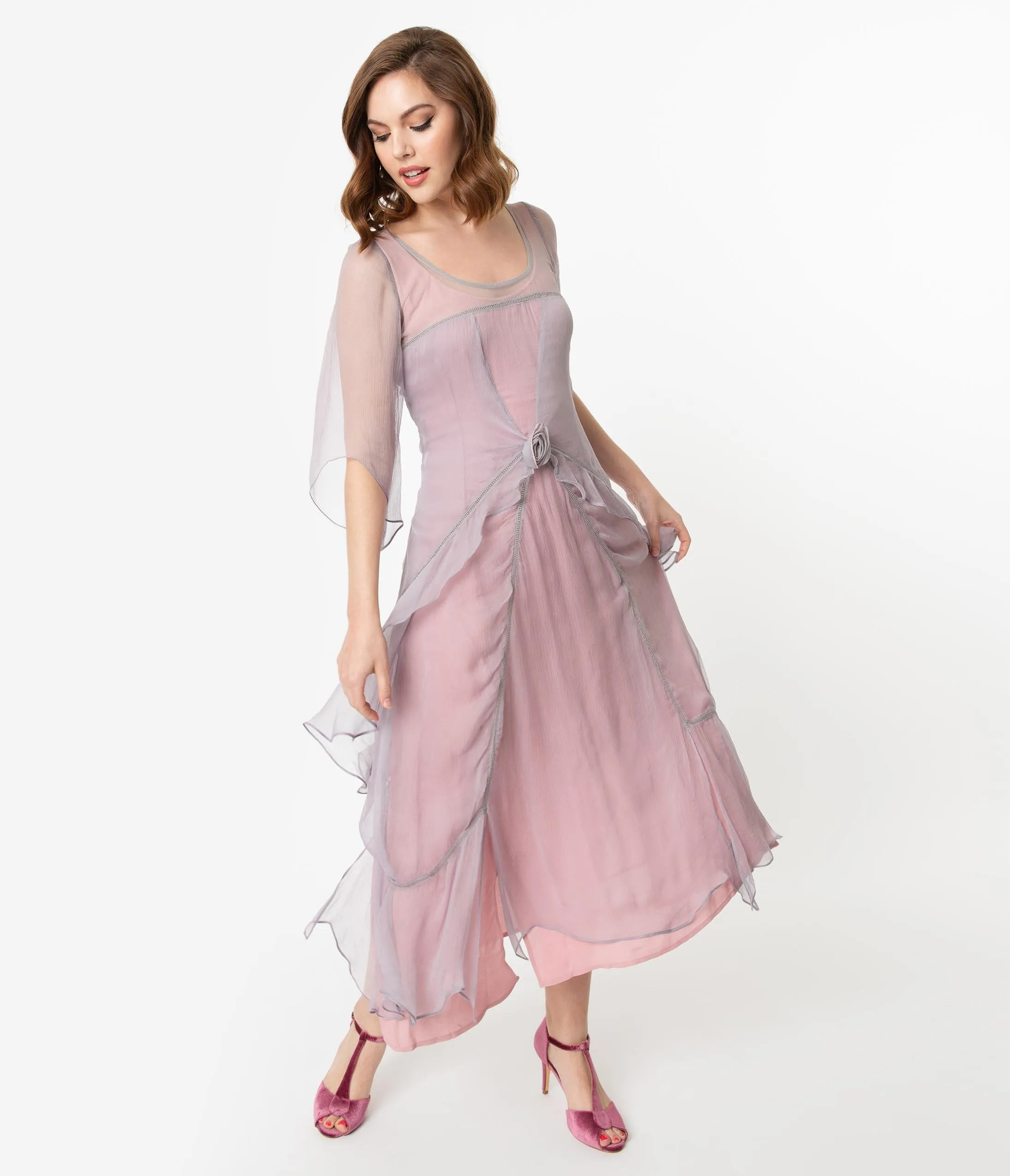 Vintage Style Mauve & Pink Chiffon Sleeved Edwardian Dress