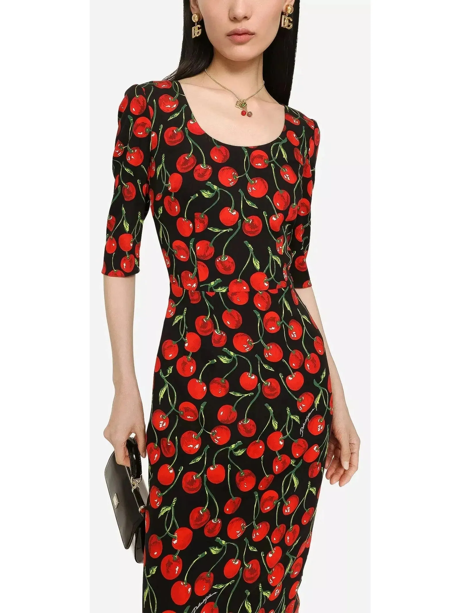 Women’s Cherry-Print Charmeuse Calf-Length Dress
