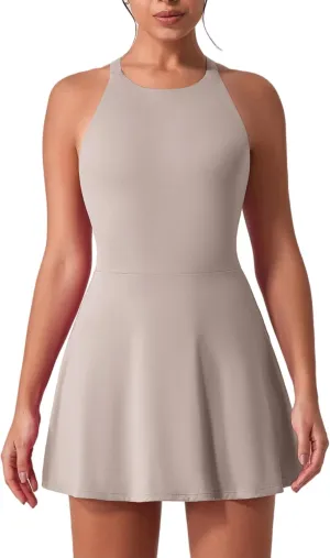 Women's Tennis Dress Sleeveless 2-in-1 with Built-in Bra & Shorts Pockets Active Yoga Golf Dress