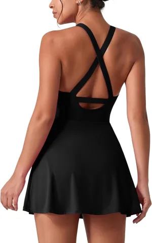 Women's Tennis Dress Sleeveless 2-in-1 with Built-in Bra & Shorts Pockets Active Yoga Golf Dress